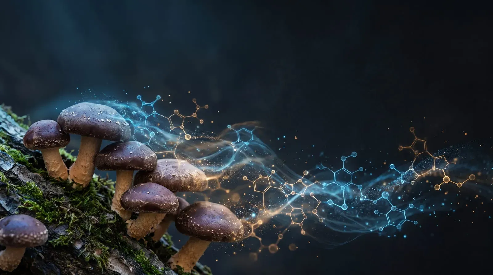 Champignons shiitake sur un tronc moussu, avec des structures moléculaires lumineuses