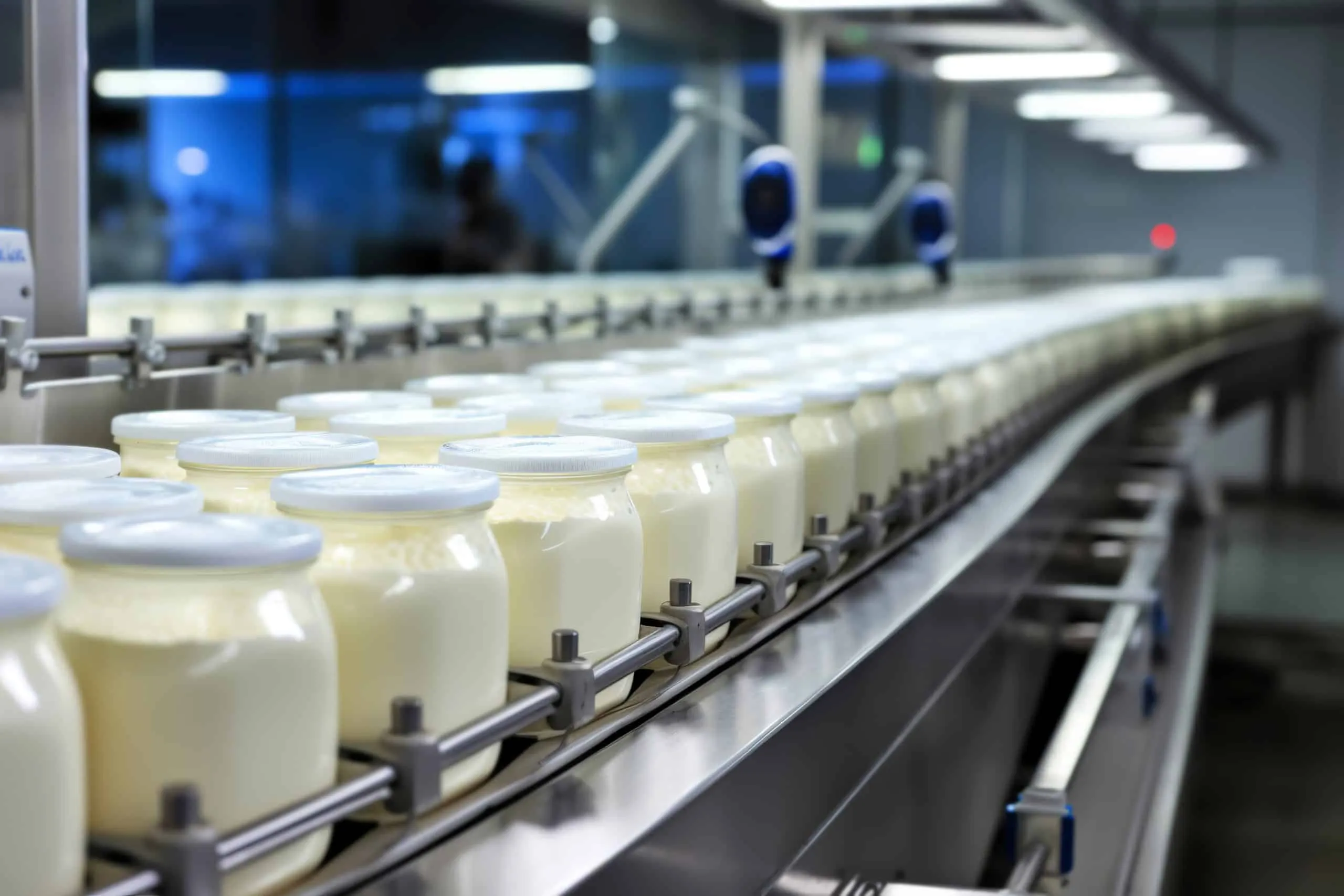 Yoghurtpotjes met deksel op een transportband in een zuivelfabriek
