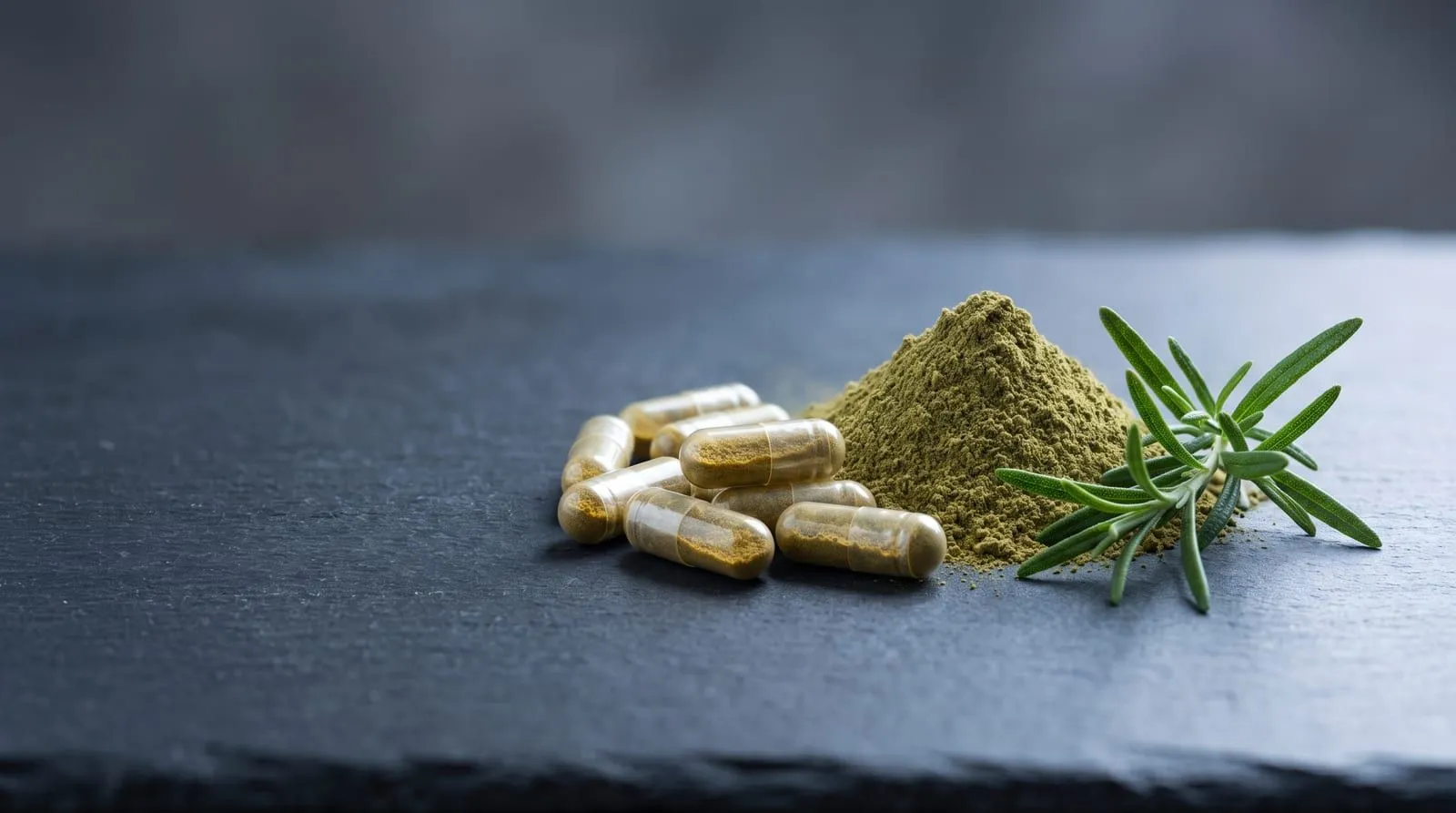 Supplementcapsules gevuld met plantenextractpoeder, naast een hoopje poeder en een takje rozemarijn