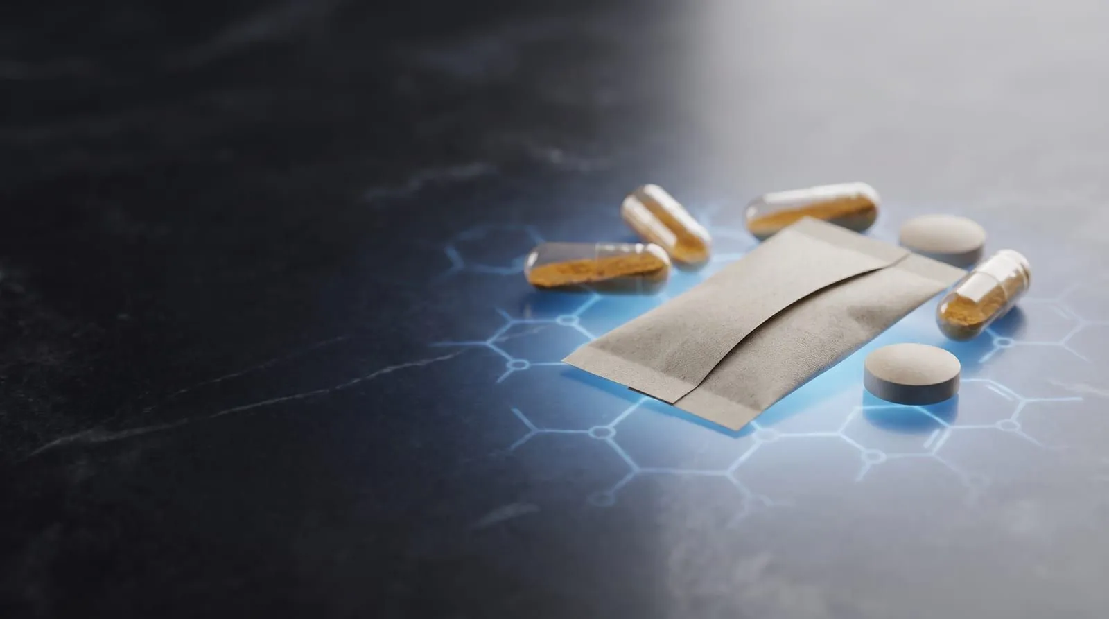 Supplement capsules, a stick sachet and tablets on dark stone with a molecular pattern