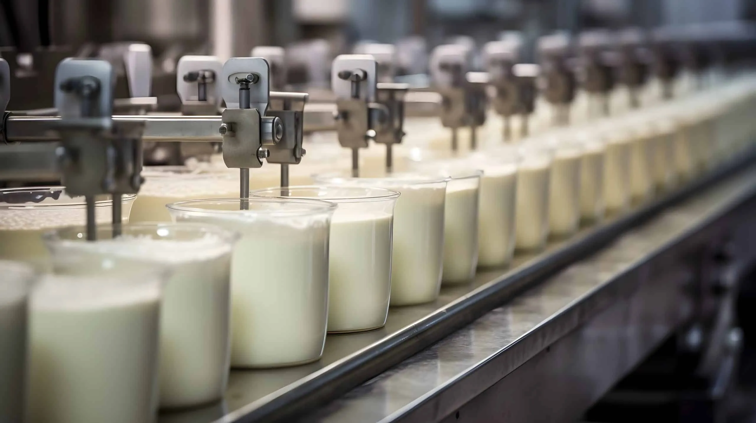 Ligne de conditionnement laitier remplissant des pots en verre sur un convoyeur