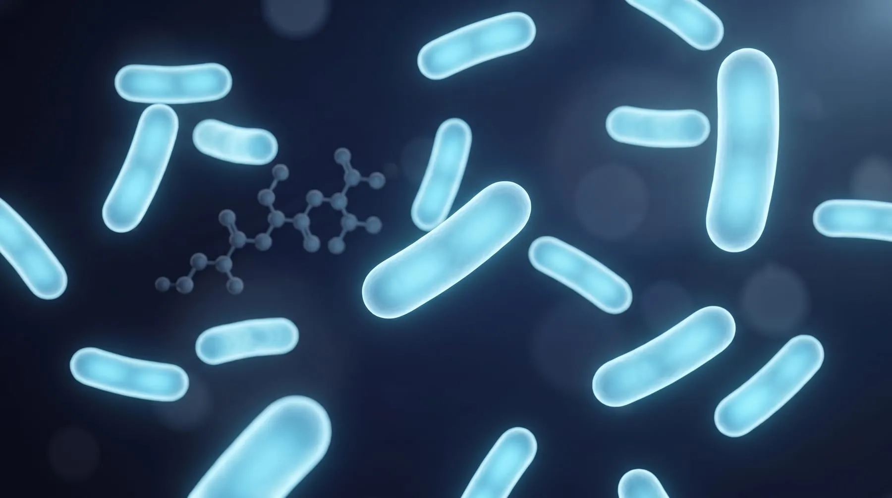 Illustratie van staafvormige melkzuurbacteriën met een molecuul op donkere achtergrond